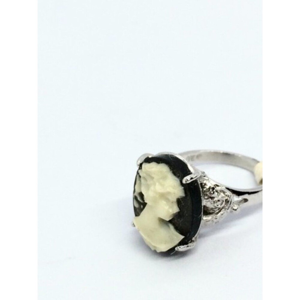 Vintage Cameo Ring 14k GE Silver Tone Resin Black Statement Lady 6.75 - Picture 10 of 15